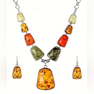New 3pcs Boho Style Jewelry Set - Earrings and Necklace with Inlaid Faux Amber